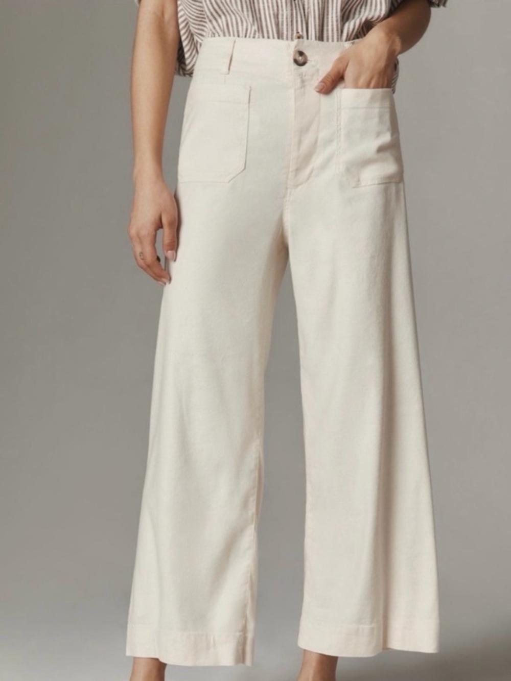 Anthropologie Maeve Collette Cream Pants with Patch Pockets in linen blend 28T?